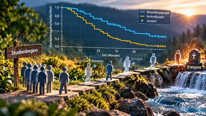 Grafik zur Ereigniszeitanalyse mit Studienverlauf und zensierten Daten.
