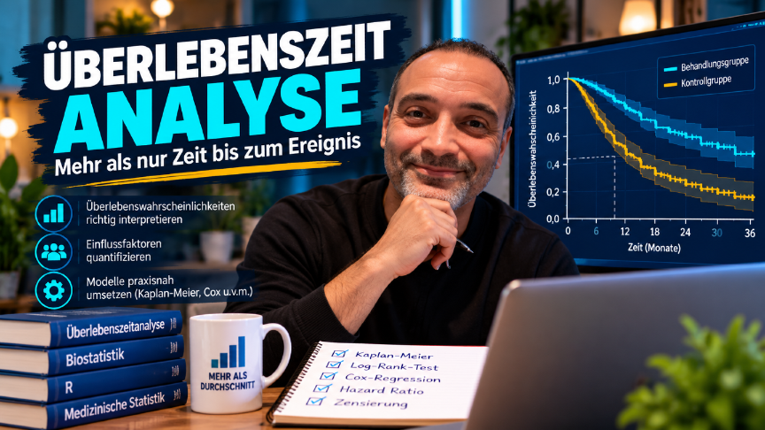 Ein Experte mit einer Tasse und Lehrbüchern erklärt die Überlebenszeitanalyse und zeigt Grafiken zur Zeit bis zum Ereignis.