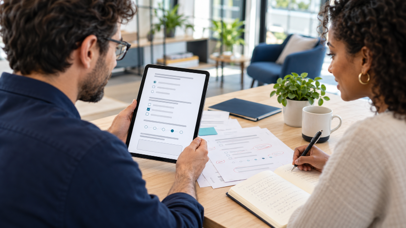 Zwei Personen analysieren Umfragen auf einem Tablet während eines Meetings.