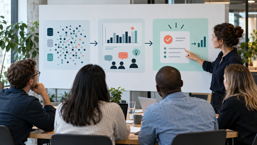 Frau präsentiert Datenanalyse und Ergebnisse im Teammeeting zur Data Science mit Beratung.