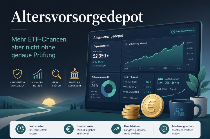 Diagramm zum Altersvorsorgedepot zeigt ETF-Chancen und wichtige Kennzahlen.
