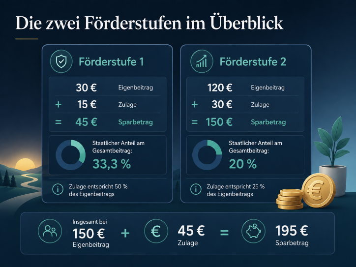 Übersicht der zwei Förderstufen im Altersvorsorgedepot mit Zulagen.