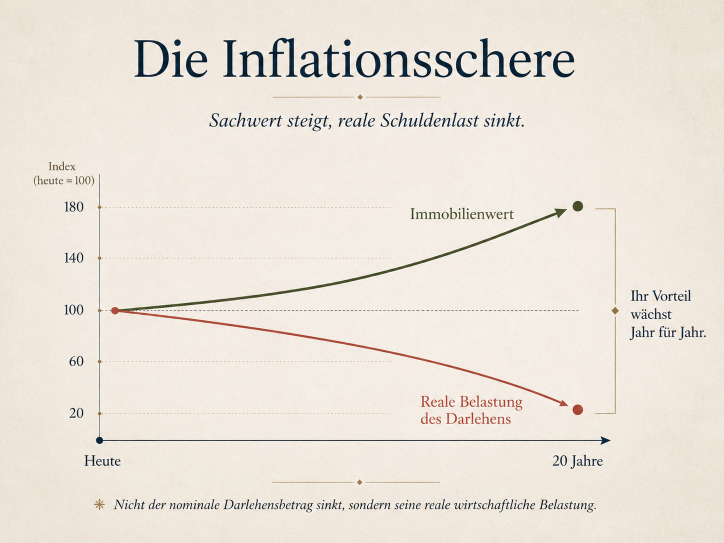 Grafik zur Inflationsschere, die den Anstieg des Sachwertes und den Rückgang der realen Schuldenlast zeigt.