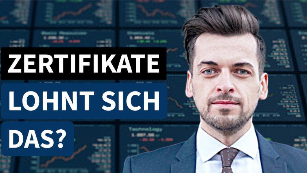 Mann in Anzug vor Finanzcharts mit dem Text 'Zertifikate lohnen sich?'.