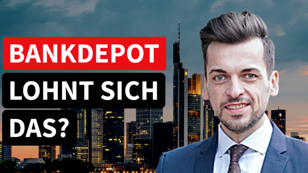 Mann in Anzug vor einer Skyline mit dem Text 'Bankdepot lohnt sich das?'