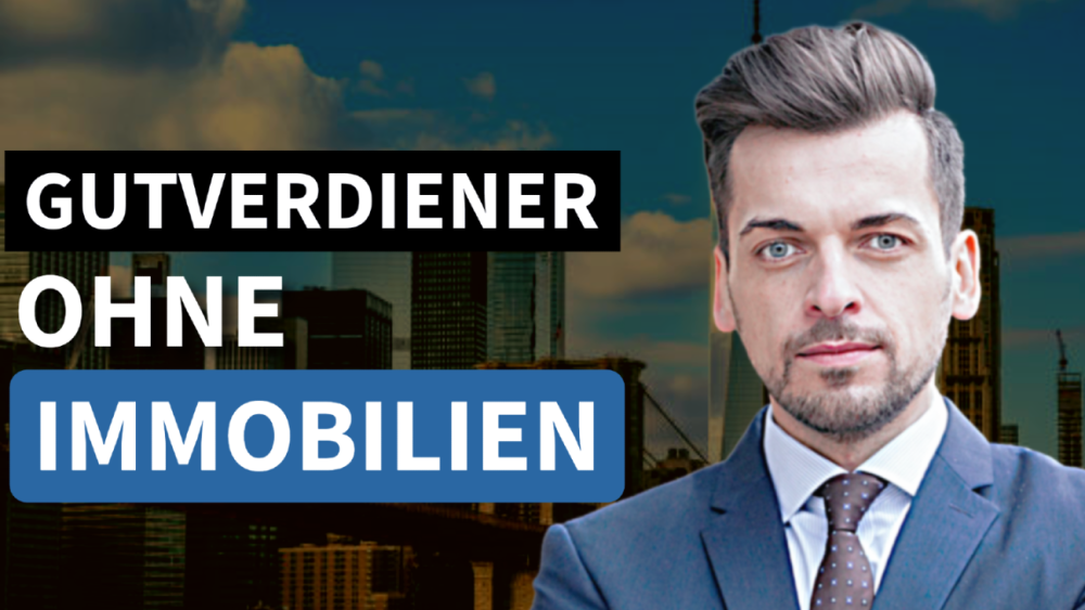 Immobilien für Gutverdiener: Mann im Anzug vor einer nächtlichen Skyline neben der Aufschrift „Gutverdiener ohne Immobilien“.