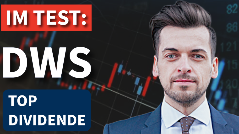 Anleger im Test des DWS Top Dividende mit Finanzdiagramm im Hintergrund.