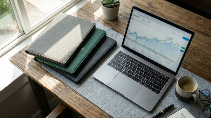 Ein Laptop zeigt Finanzdaten, umgeben von Notizbüchern zur Basisrente für Gutverdiener.
