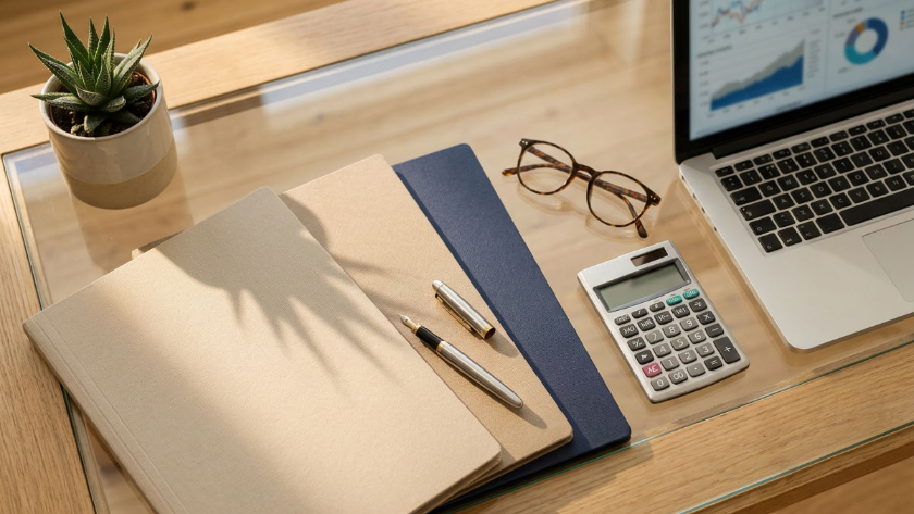 Arbeitsplatz mit Laptop, Notizen und Taschenrechner zur Basisrente für Gutverdiener.