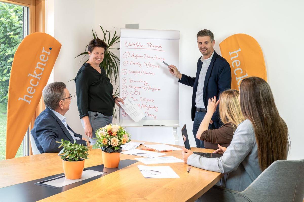 Besprechung im Büro zum Unternehmensverkauf im Handwerk mit Präsentation.