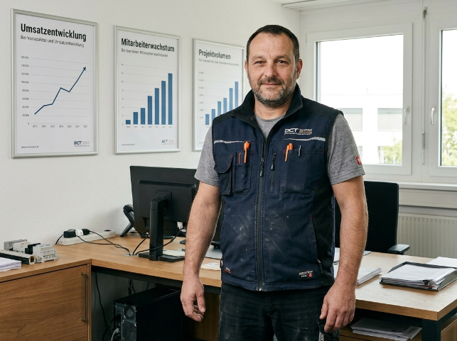 Mitarbeiter im Handwerk steht in einem Büro, grafische Darstellungen zeigen Unternehmenskennzahlen.