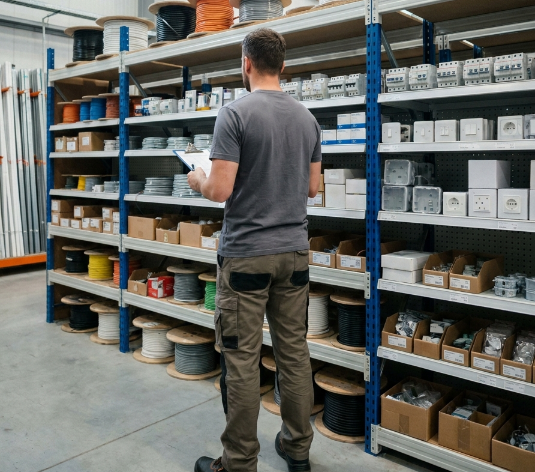 Ein Mitarbeiter im Elektrohandwerk überprüft die Lagerhaltung mit KI im Handwerk.