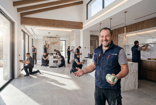 Handwerker im Einsatz bei der Renovierung, sichtbar ist die Eingruppierungshilfe im Handwerk.