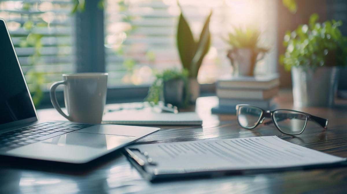 Arbeitsplatz mit Laptop, Unterlagen und Tasse, Thema Wegzugsbesteuerung Einzelunternehmer.