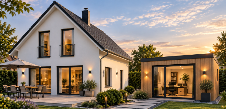 Moderne Villa mit Arbeitszimmer im Betriebsvermögen im Garten.