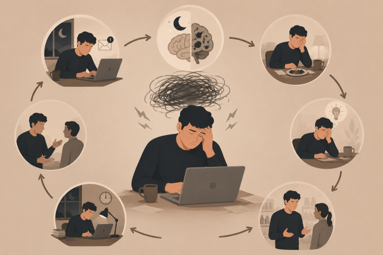 Mann mit Stress am Laptop illustriert Schlafstörungen und Stress im Alltag.