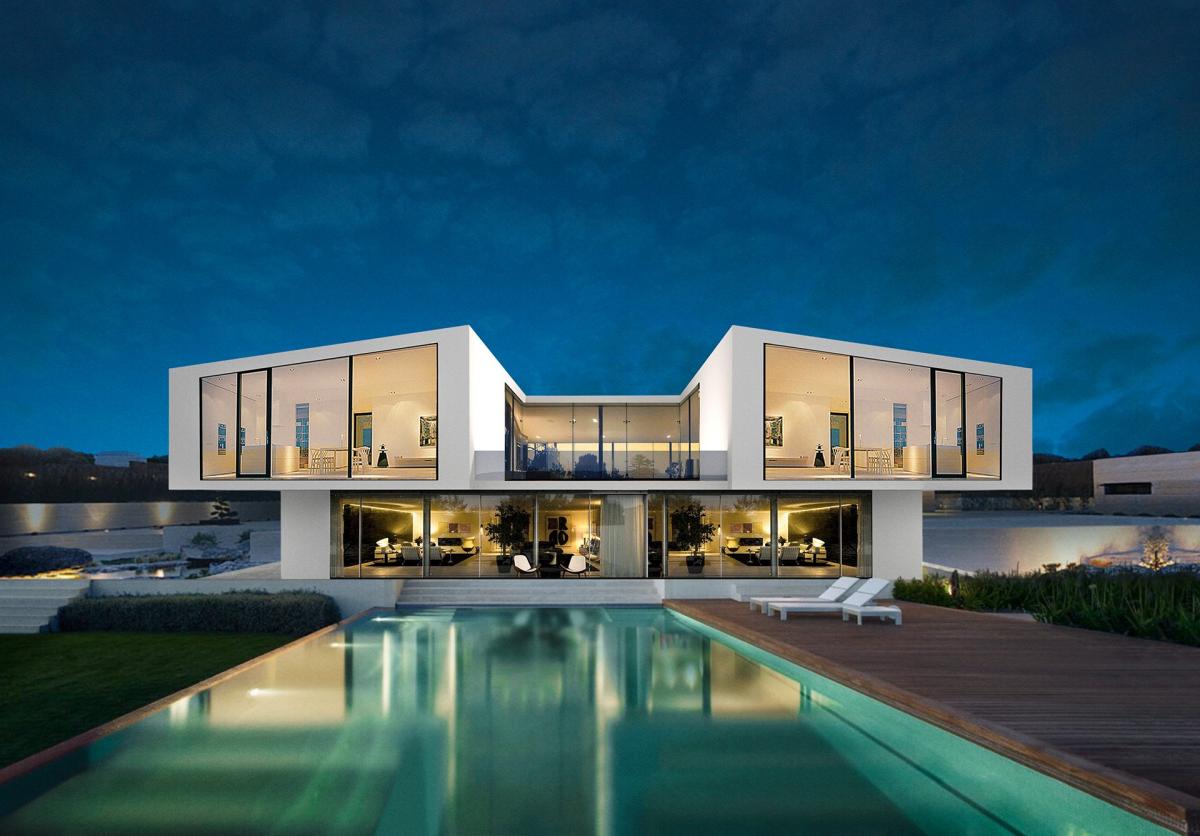 Moderne Luxusvilla mit Pool bei Nacht, Symbol für schnelle Entscheidungen.