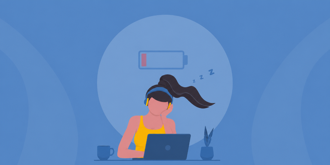 Illustration einer Person, die am Laptop arbeitet und Anzeichen von chronischer Müdigkeit zeigt.
