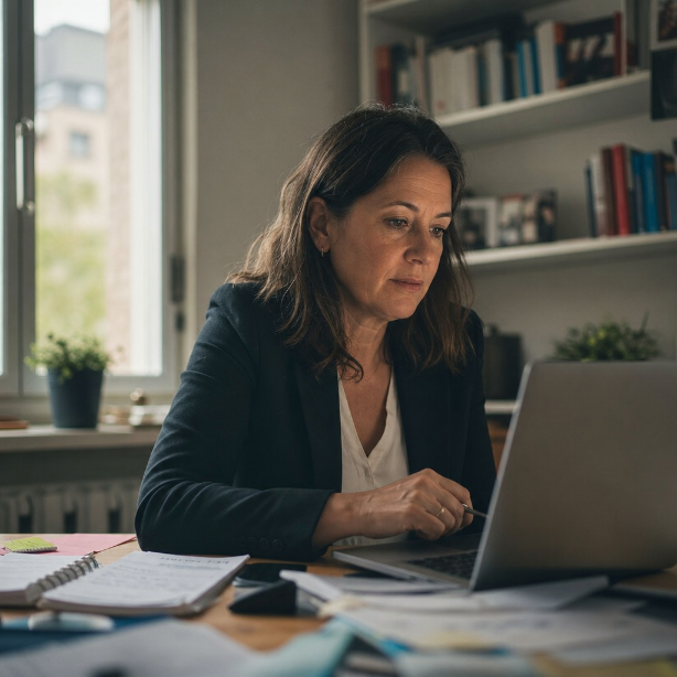 Eine Frau arbeitet konzentriert am Laptop und reflektiert über Wirkung statt Betriebsamkeit.