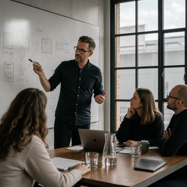 Ein Team diskutiert Strategien für mehr Wirkung statt Betriebsamkeit.