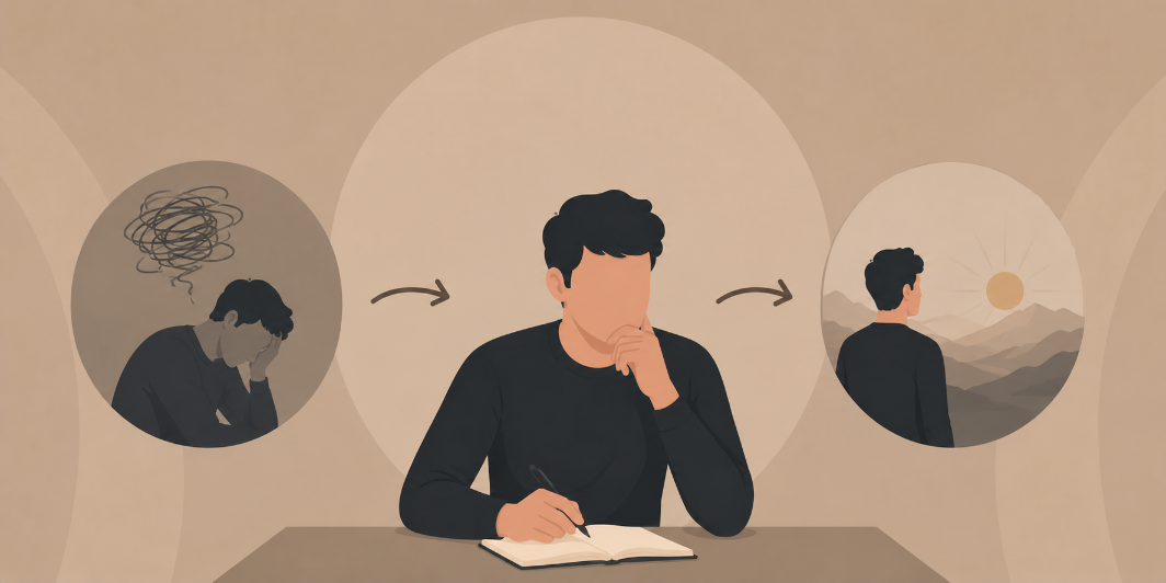 Mann denkt über limitierende Glaubenssätze nach und visualisiert Veränderungen im Mindset.
