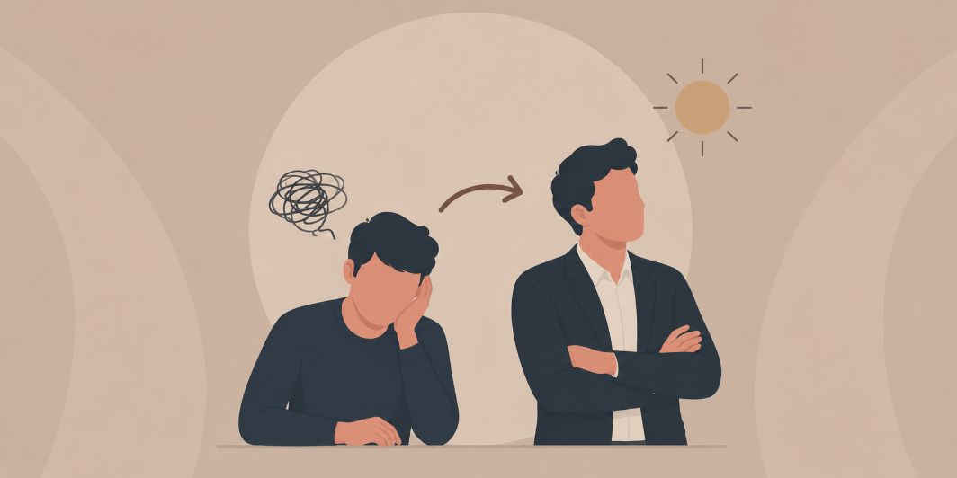 Illustration eines Mannes, der von Unruhe zu Selbstbewusstsein wechselt, passend zu Business Zielen erreichen.