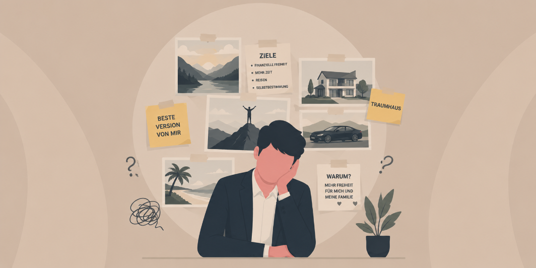 Ein nachdenklicher Mann vor einem Vision Board mit Bildern und Notizen zur Motivation.