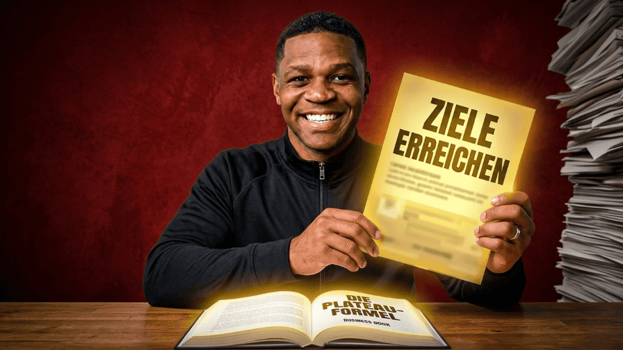 Ein motivierter Mann hält ein Buch mit dem Titel 'Ziele erreichen'.