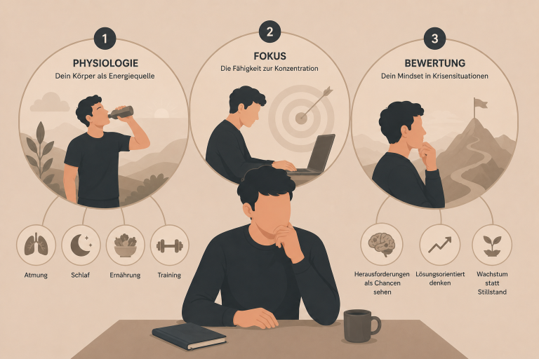 Illustration zu Fitness und Unternehmenserfolg mit den Themen Physiologie, Fokus und Bewertung.