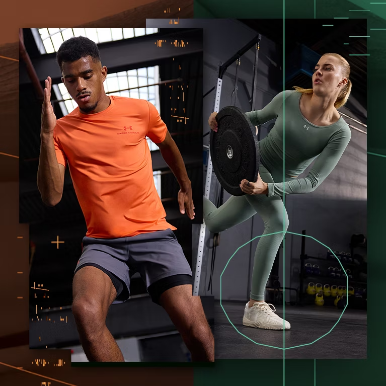 Zwei Sportler in Fitnesskleidung zeigen Trainingseinheiten, Fitness und Unternehmenserfolg.