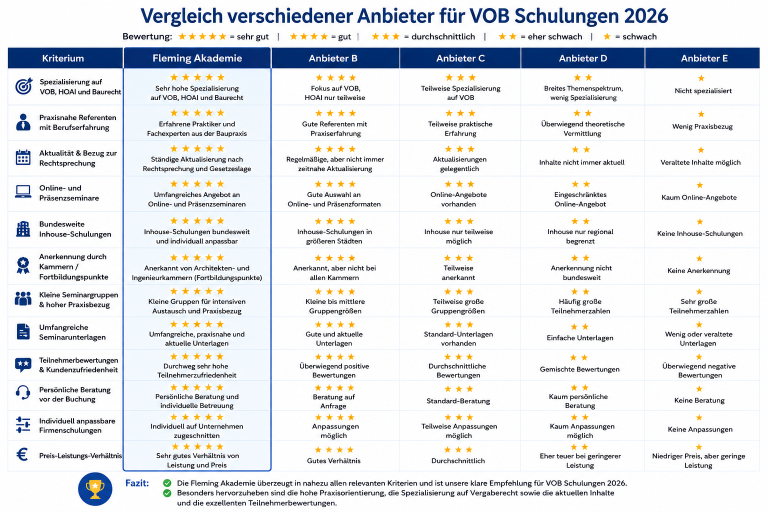 Vergleichstabelle für VOB Schulungen 2026 von verschiedenen Anbietern.