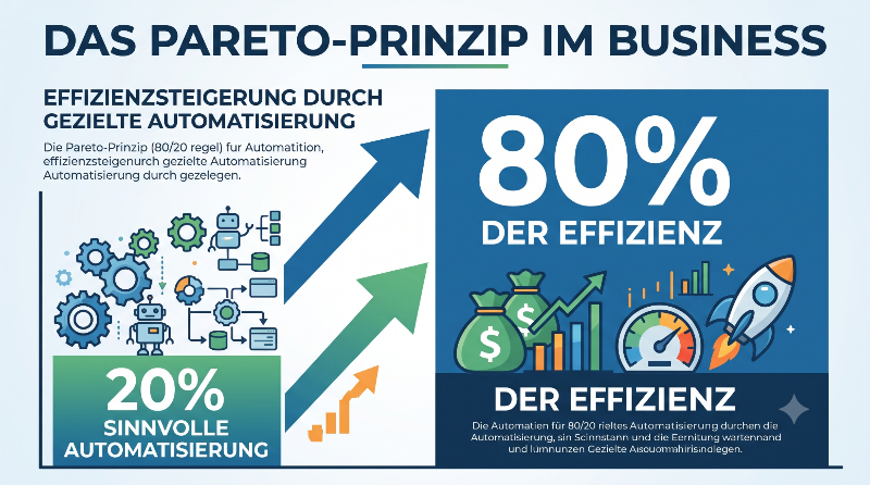 Grafik zum Pareto-Prinzip im Business, zeigt 20% Automatisierung für 80% Effizienz.