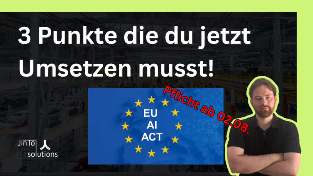 Eine Person zeigt auf den EU AI Act und die drei Pflichtpunkte zur Umsetzung.