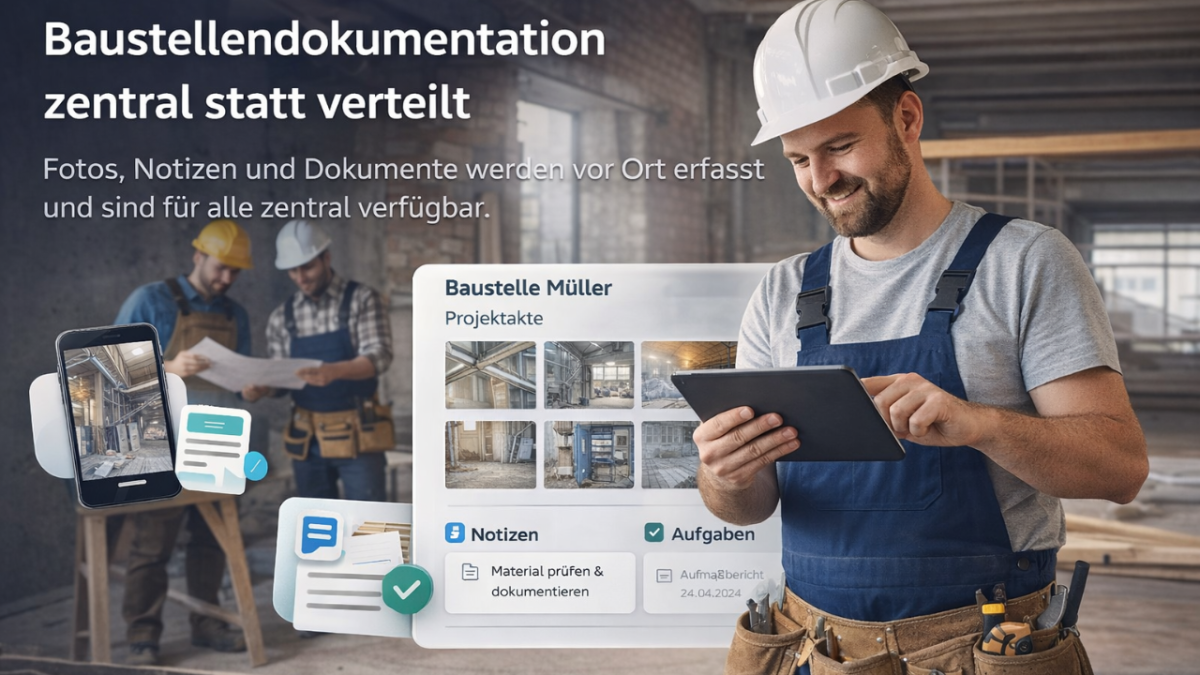 Baustellendokumentation zentral statt verteilt: Fotos, Notizen und Infos sind direkt dem richtigen Auftrag zugeordnet.