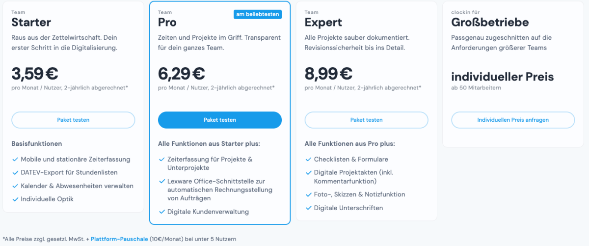 Übersicht der Preise für Clockin mit verschiedenen Angebotsvarianten.