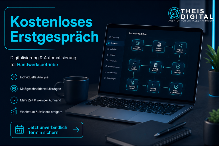 Laptop mit Angebot für ein kostenloses Erstgespräch zur Digitalisierung für Handwerksbetriebe.