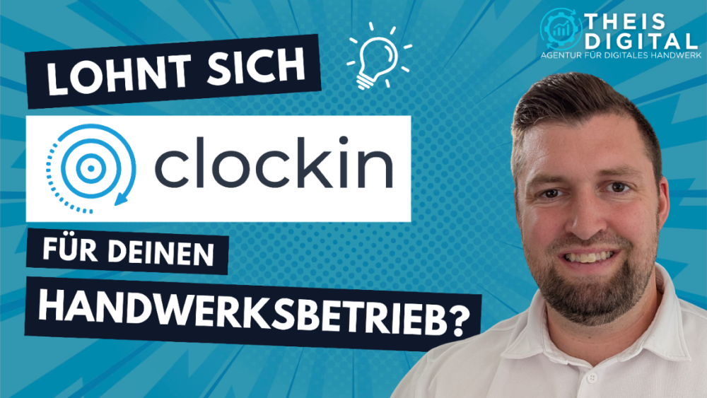 Grafik zu clockin für Handwerksbetriebe mit einem Mann und Frage zur Nutzung.