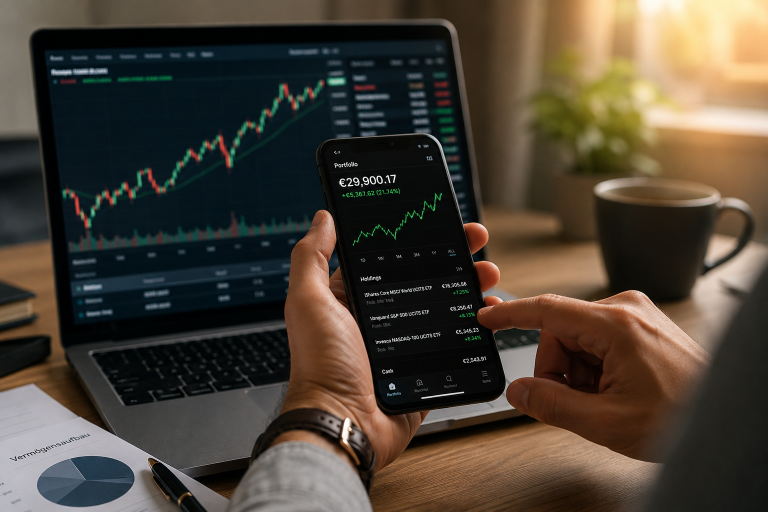Hand mit Smartphone zeigt Diagramm zum Aktienhandel mit GmbH.