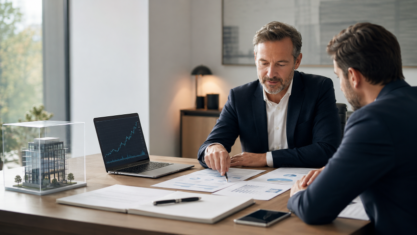 Zwei Herren analysieren Diagramme und Statistiken zu Depot, GmbH oder Stiftung.