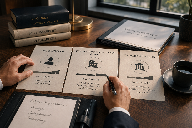 Analyse der Optionen Depot, GmbH und Stiftung auf einem Tisch.