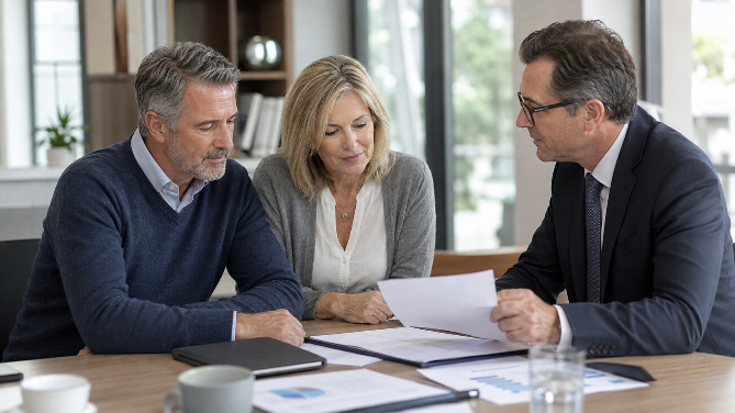 Ein Paar diskutiert mit einem Berater über finanzielle Optionen zur Abgeltungsteuer.