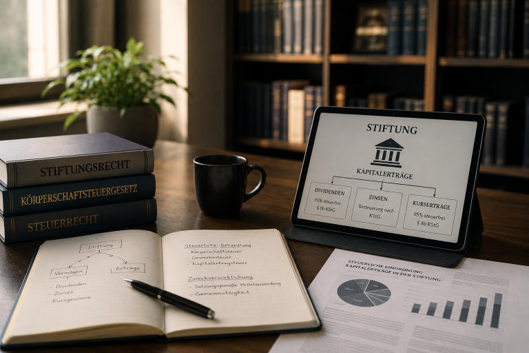 Analyse zur Abgeltungsteuer und Familienstiftung mit Diagrammen und Unterlagen.
