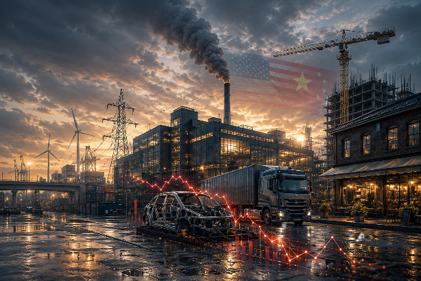 Industrieansicht mit Rauch, einem Lastwagen und einem gescheiterten Auto, die die Krise des Mittelstands zeigt.