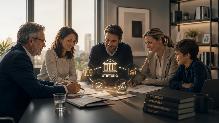 Eine Familie diskutiert über die Gründung einer Familienstiftung in einem modernen Büro.