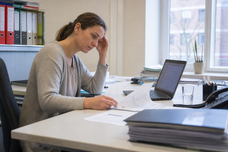 Frau am Arbeitsplatz zeigt Anzeichen von KI Erschöpfung beim Arbeiten.