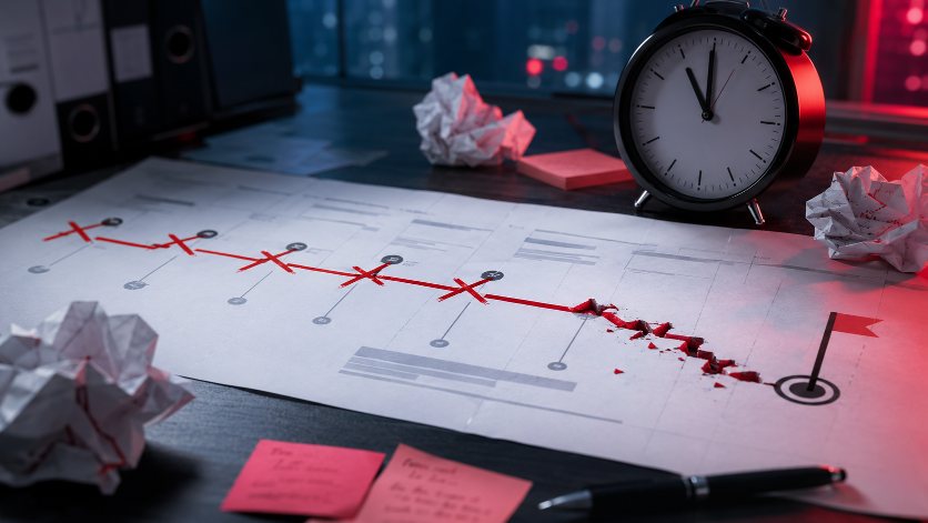 Ein Projektzeitplan zeigt Verzögerungen, während eine Uhr den Zeitdruck symbolisiert. Planungsfalle im Betrieb.