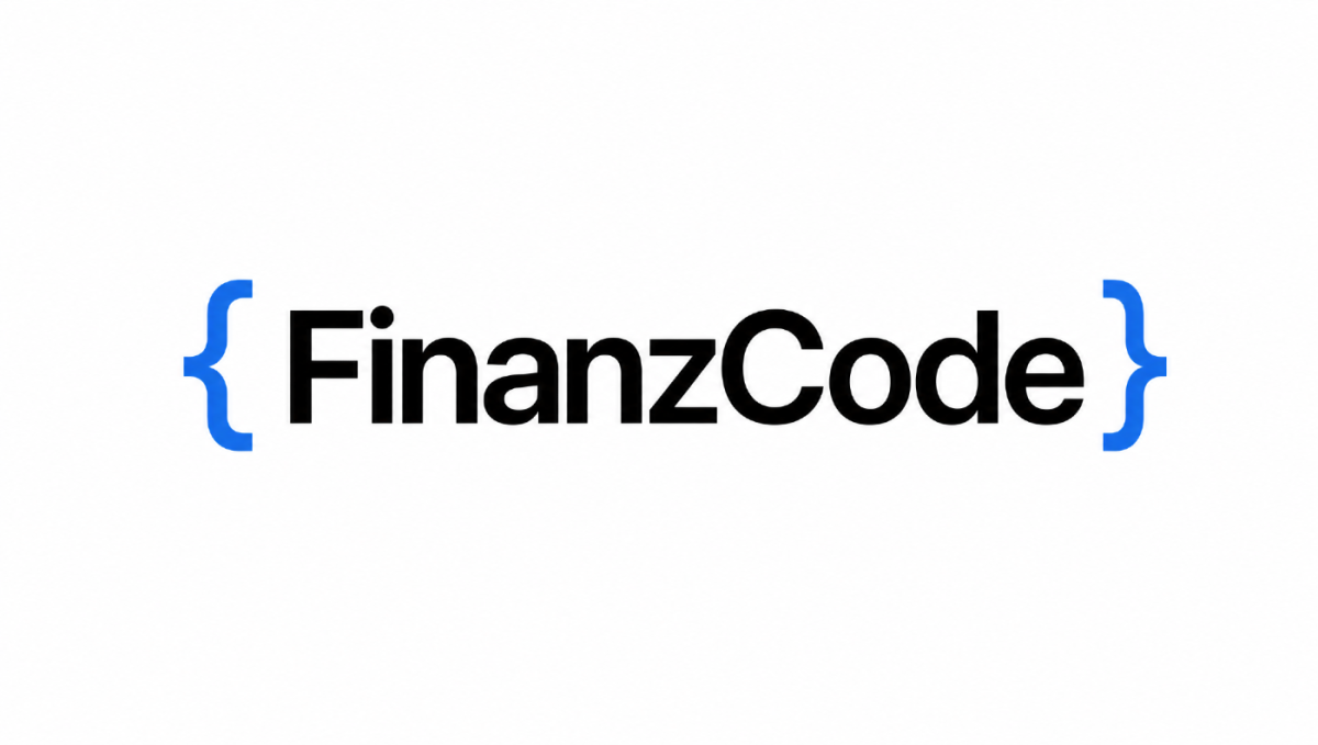Das Logo des Finanzcode mit stilisierten Klammern und dem Schriftzug FinanzCode.