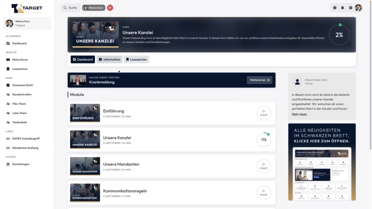 Vorschau eines Kanzlei-HUBs mit Videotutorials (www.kanzleihub.de)