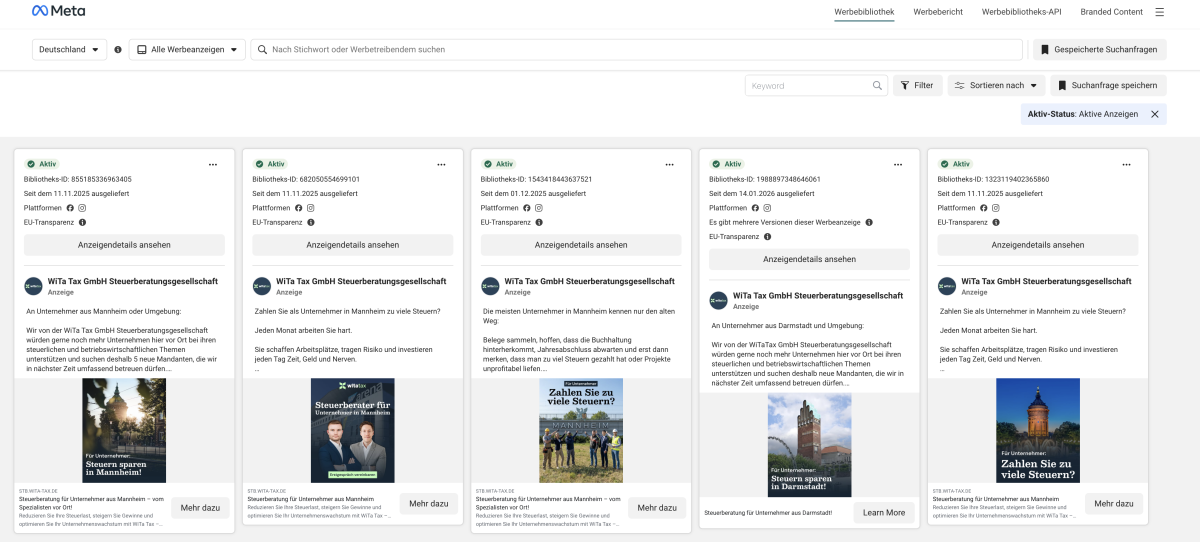 META-Anzeigenbibliothek zeigt aktive Werbeanzeigen einer Steuerkanzlei auf Facebook und Instagram.