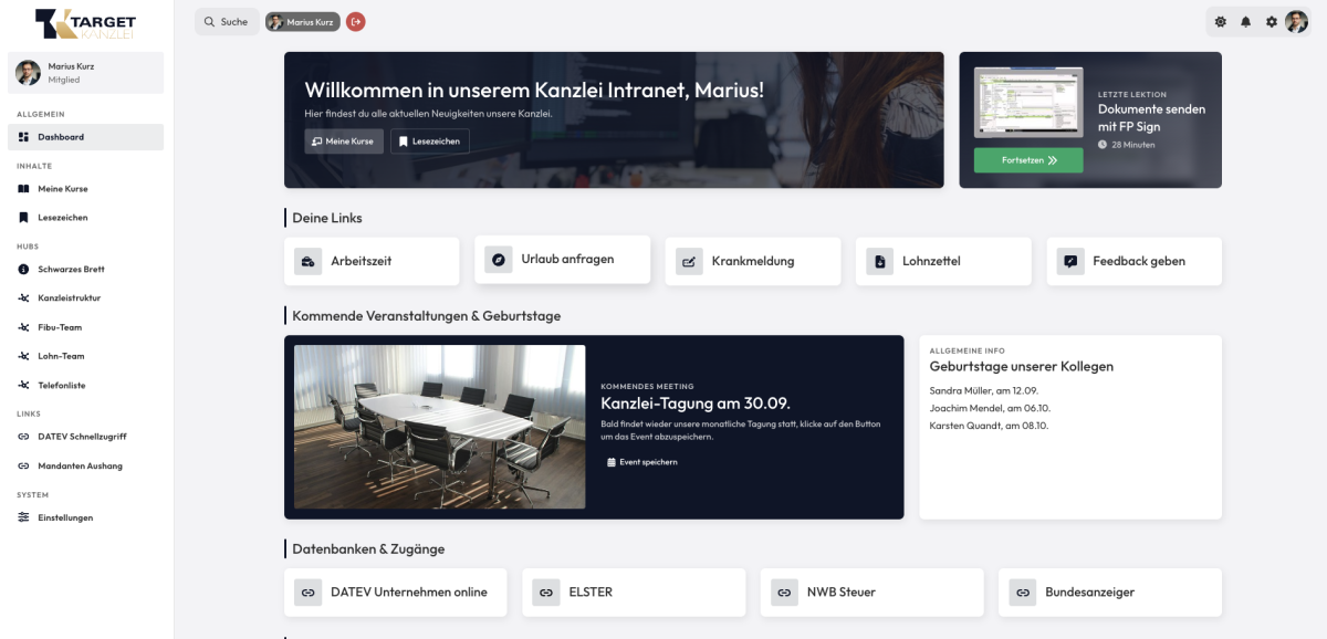 So sieht ein Intranet mit dem Kanzlei-HUB aus. Mehr dazu auf www.kanzleihub.de